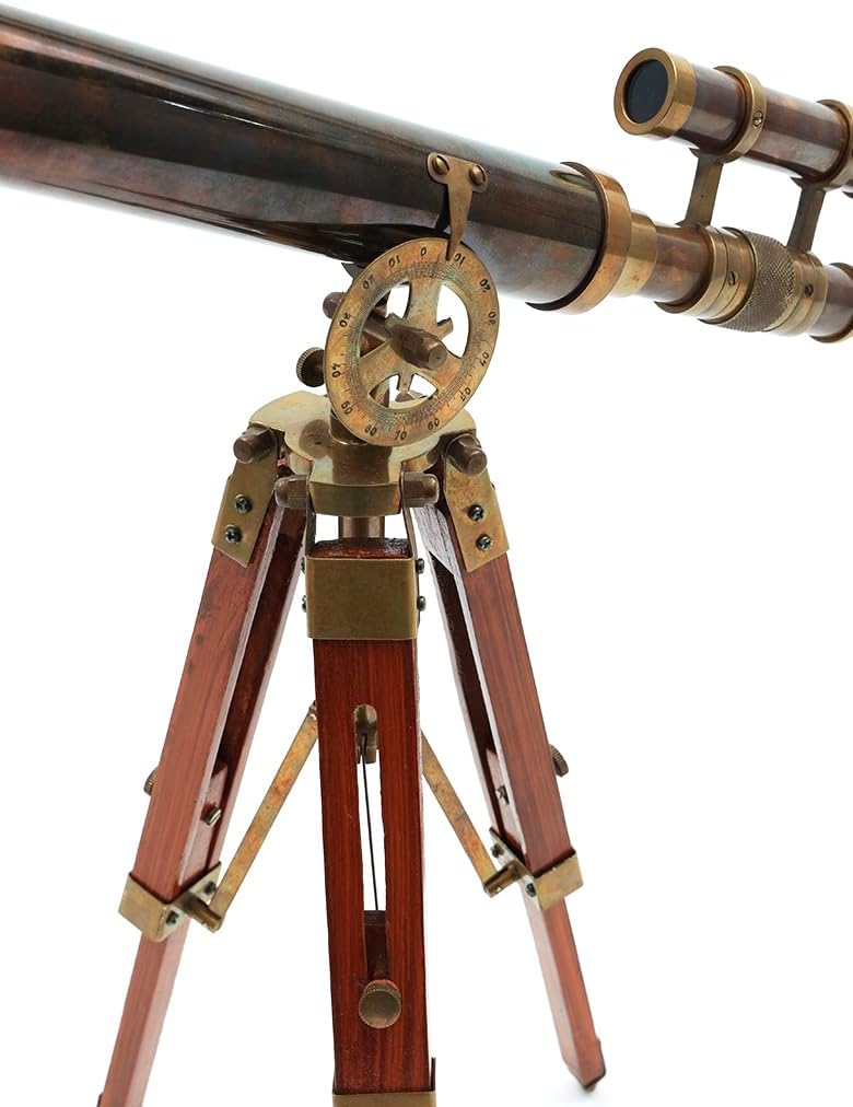 Double Barrel Victorian London (1915) 14" Brass Telescope on Tripod Stand – Antique Nautical Telescope for Home Decor, Office Desk, Vintage Tabletop Decoration